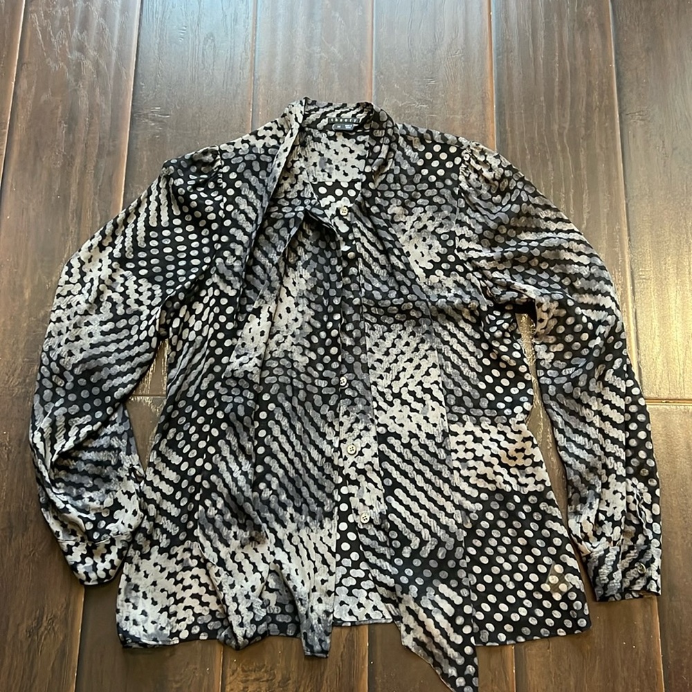 Theory Black and Grey Silk Pattern Blouse, size M
